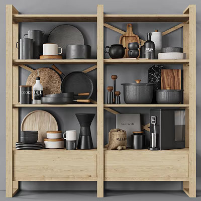 Organized Kitchenware On Wooden Shelves With Pots Bowls Mugs Plates Coffee Machine Jars 3d model