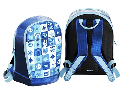 Blue Patterned Backpack Front And Back View With Colorful Designs And Comfortable Straps 3d model