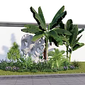 Lush Shrubs In Landscaped Garden With Banana Plants White Stone Ornament And Grass Pathway