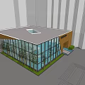 Modern Building Exterior Featuring Glass Curtain Walls Brown Triangular Structure And Bamboo Plants