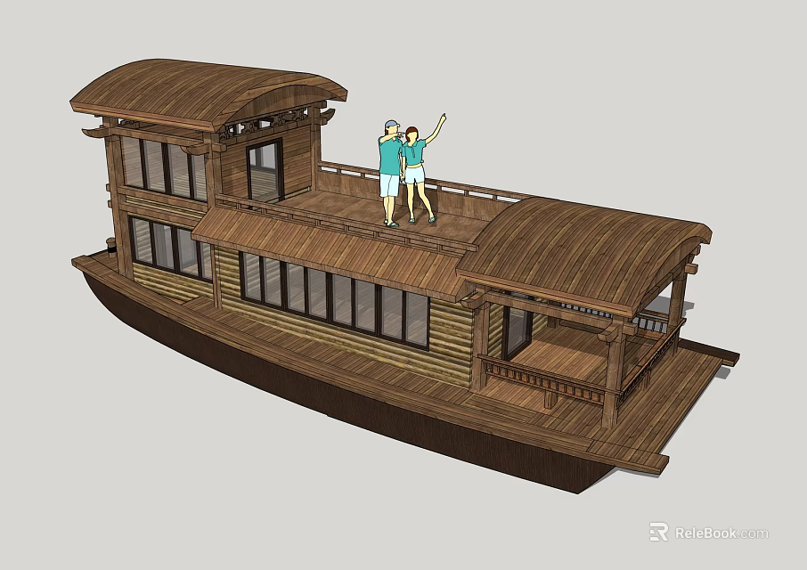 Classic Wooden Boat With Upper Deck And People Standing On Leisure Deck 3d model 