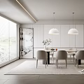 Modern Restaurant Interior Featuring White Dining Table Chairs Pendant Lights Large Windows Rug And Plant