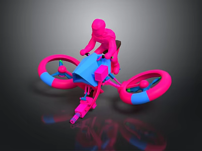 Futuristic Pink And Blue Motorcycle With Rider Figure And Large Stylish Wheels 3d model