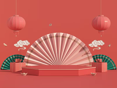 Traditional Chinese Festival Display Platform With Red Lanterns Fan Decoration Cloud Patterns And Gift Boxes 3d model