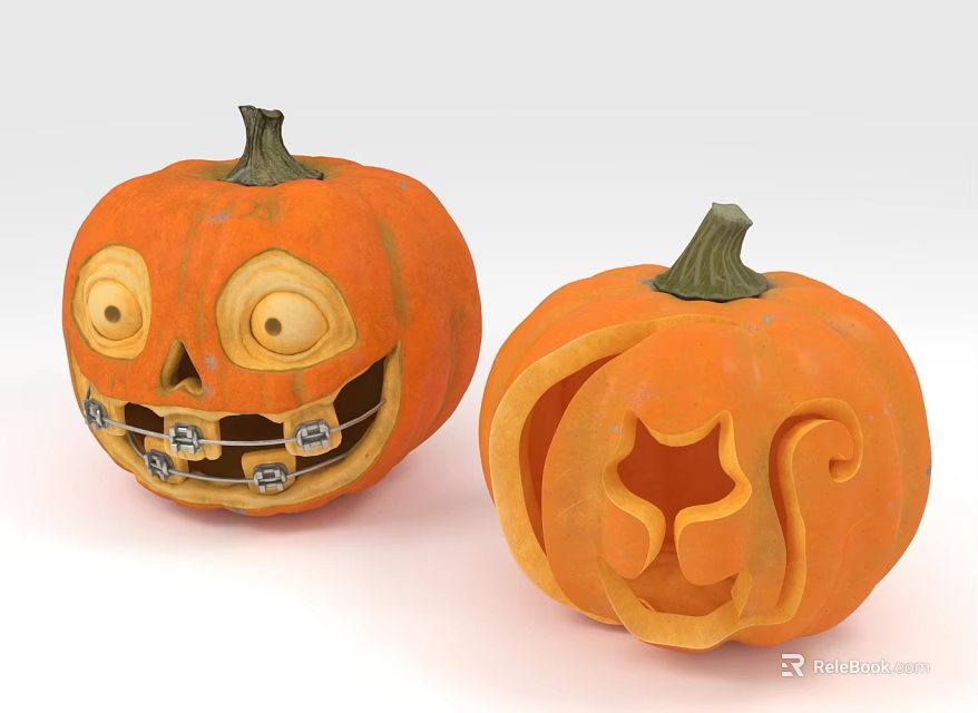 Decorative Pumpkin Ornament Set with Smiley Face Teeth and Cat Shaped Carved Designs 3d model 