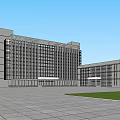 Modern Office Building Exterior With Glass Curtain Wall Blue Sky White Clouds Plaza And Lawn