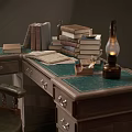 Vintage Wooden Desk with Stacked Books Antique Lamps and Leather Chair