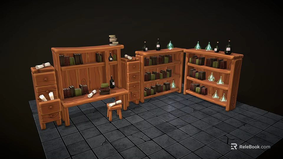 Wooden Bookcases With Books Bottles Candles Drawer Cabinets And Small Stool On Gray Tiled Floor 3d model 