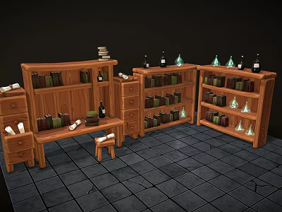 Wooden Bookcases With Books Bottles Candles Drawer Cabinets And Small Stool On Gray Tiled Floor 3d model