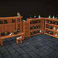 Wooden Bookcases With Books Bottles Candles Drawer Cabinets And Small Stool On Gray Tiled Floor