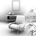 Pink And Green Upholstered Single Sofa With Large Leafy Plant And Geometric Wall Art