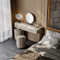 Modern Minimalist Dressing Table With Round Mirror Table Lamp And Wooden Wall