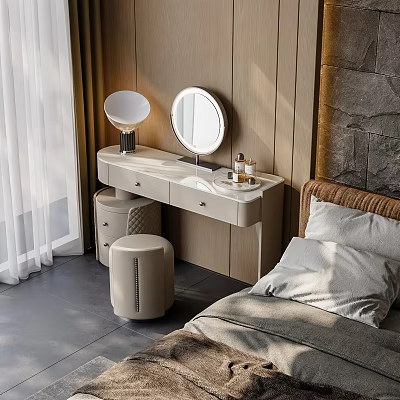 Modern Minimalist Dressing Table With Round Mirror Table Lamp And Wooden Wall 3d model