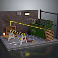 Brick Wall Area With Green Trash Bin Caution Tape Barricade Traffic Cone And Ground Debris