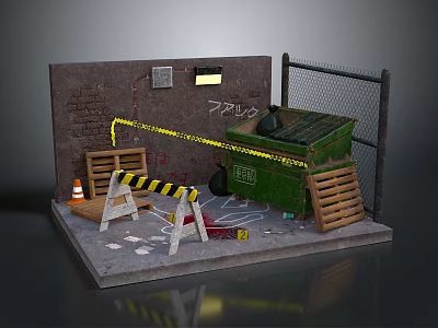 Brick Wall Area With Green Trash Bin Caution Tape Barricade Traffic Cone And Ground Debris 3d model