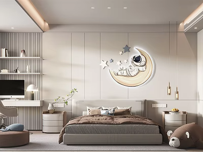 Kids Room Interior With Bed Desk Bookshelf Table Lamp Plant And Astronaut Moon Star Decor 3d model