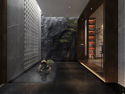 Modern Luxury Club Entrance Space With Water Feature And Stone Decorative Wall 3d model