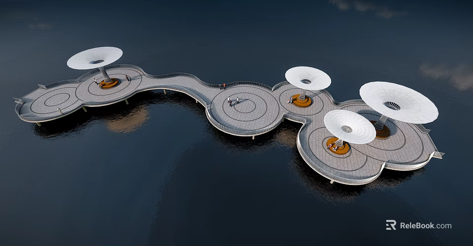 Scenic Curved Landscape Bridge Over Water With Circular Platforms And White Umbrella Structures 3d model 