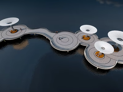 Scenic Curved Landscape Bridge Over Water With Circular Platforms And White Umbrella Structures 3d model