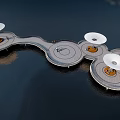 Scenic Curved Landscape Bridge Over Water With Circular Platforms And White Umbrella Structures