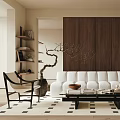Modern Living Room Interior with White Sofa Dark Wooden Wall Coffee Table and Patterned Rug