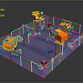 Modern Industrial Automation Workspace With Robotic Arms Blue Pipes And Metal Fences