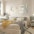 Bright Kids Room Interior With Bed Yellow Blanket Stuffed Toys And Moon Cloud Decor