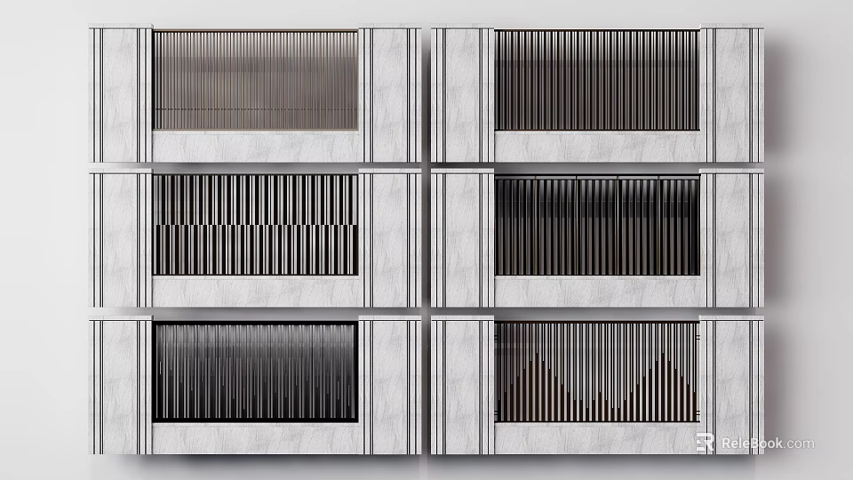 Modern Building Facade Design With Metal Panels And Rectangular Vertical Slats 3d model