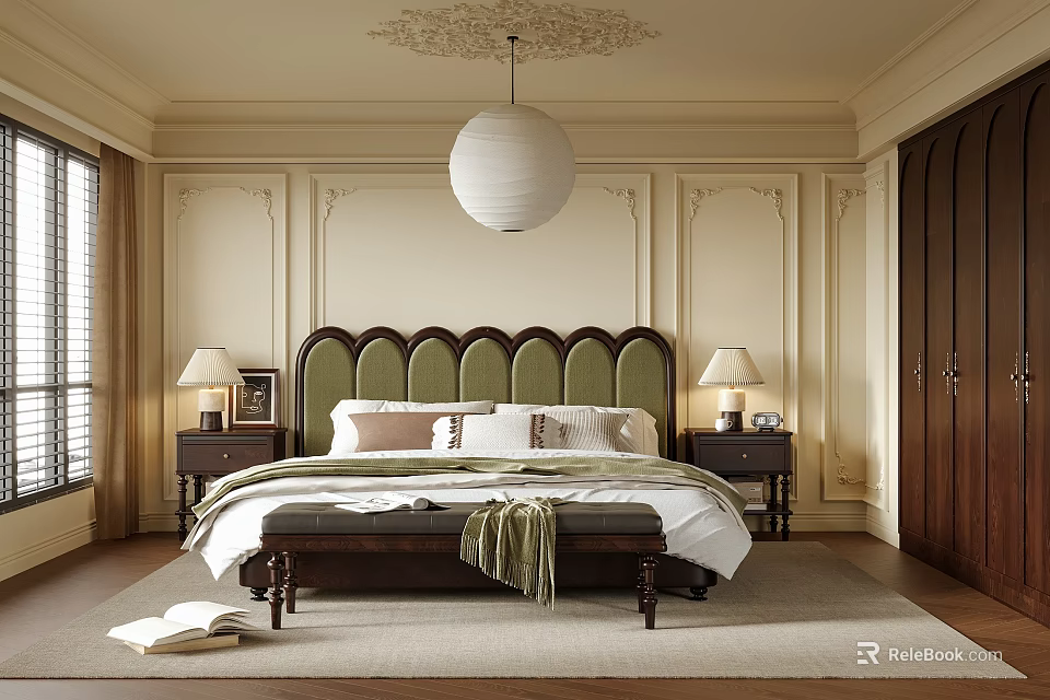 Elegant Bedroom Interior Design With Green Curved Headboard White Spherical Pendant Light And Ornate Ceiling 3d model 
