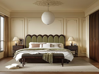 Elegant Bedroom Interior Design With Green Curved Headboard White Spherical Pendant Light And Ornate Ceiling 3d model