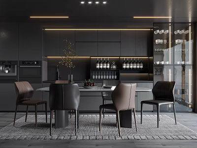 Modern Restaurant With Black Cabinets Wine Rack Dining Set Pendant Lights Rug Glass Display Cabinet 3d model