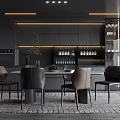 Modern Restaurant With Black Cabinets Wine Rack Dining Set Pendant Lights Rug Glass Display Cabinet