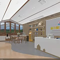 Warm Kindergarten Interior Design With Wooden Windows Bookshelves Front Desk And Bright Atmosphere