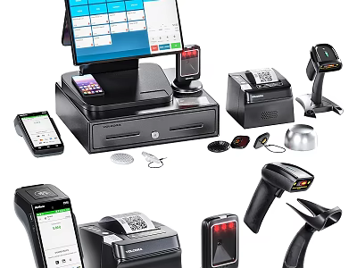 Retail Commercial Equipment Including POS System Payment Terminals Barcode Scanners And Receipt Printers 3d model
