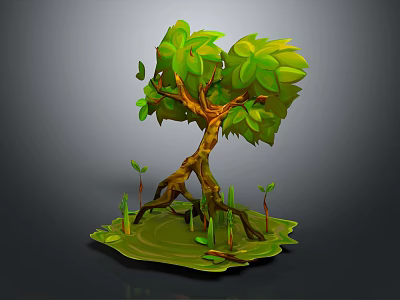 Cartoon Scene Featuring A Tree With Green Leaves Brown Trunk Roots And Small Plants 3d model