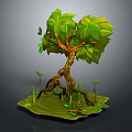 Cartoon Scene Featuring A Tree With Green Leaves Brown Trunk Roots And Small Plants