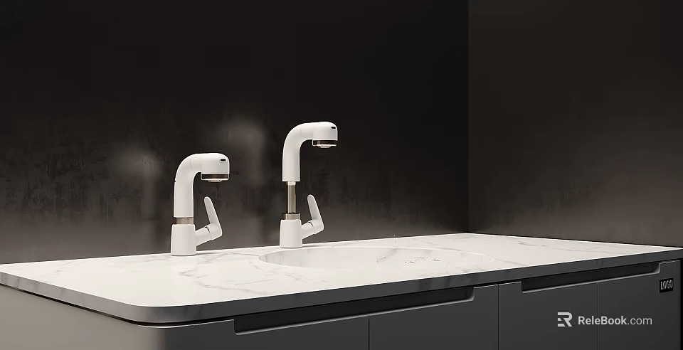 Two Modern White Sleek Faucets On Polished Marble Countertop In Bathroom With Under Cabinet 3d model 