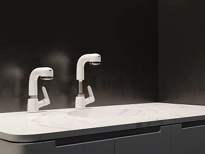 Two Modern White Sleek Faucets On Polished Marble Countertop In Bathroom With Under Cabinet 3d model