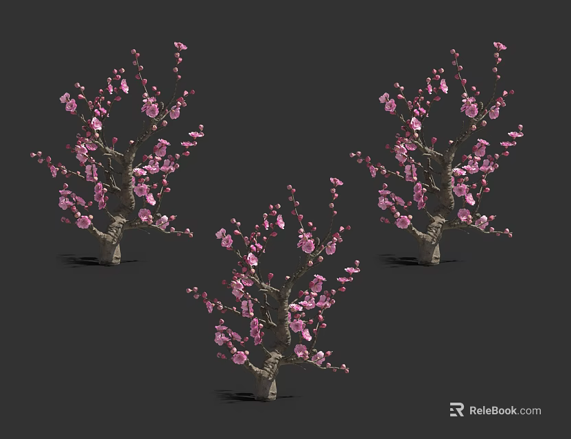 Detailed 3D Model Of Three Flowering Trees With Pink Blossoms And Branches 3d model 