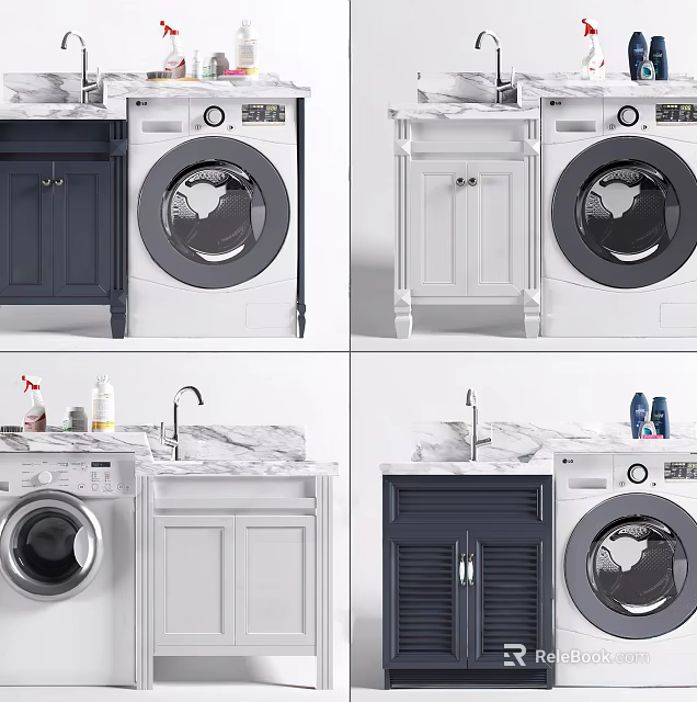 Modern Bathroom Cabinet Rack With Dark Blue White Marble Countertop Faucet And Washing Machine 3d model 