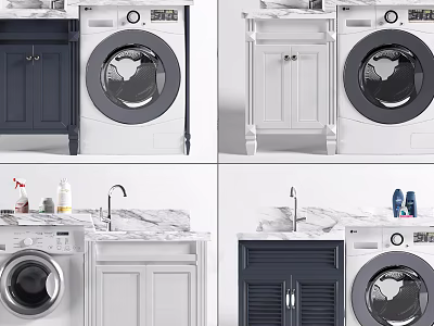 Modern Bathroom Cabinet Rack With Dark Blue White Marble Countertop Faucet And Washing Machine 3d model