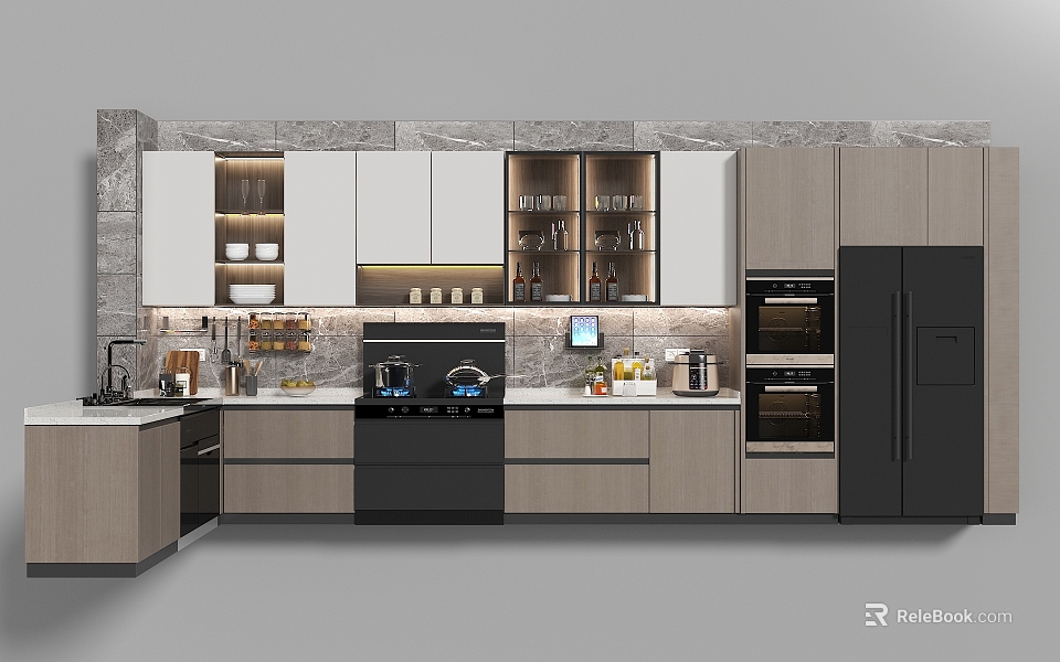 Modern Kitchen With White Cabinets Glass Door Shelves Black Appliances And Stone Countertop 3d model 