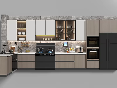 Modern Kitchen With White Cabinets Glass Door Shelves Black Appliances And Stone Countertop 3d model