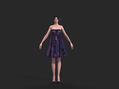 Game Movie Female Character In Purple Strapless Dress With Floral Patterns And Hair Accessories 3d model