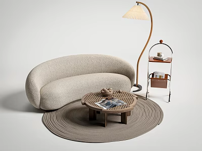 Curved Beige Sofa and Round Coffee Table Set with Woven Rug and Floor Lamp 3d model