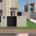 Modern Black Entrance Gate With Gray Wall Green Plants And Pink Flowers