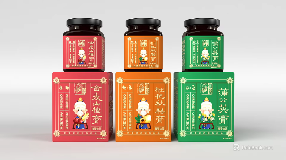 Various Traditional Chinese Herbal Pastes With Red Orange Green Colorful Packaging 3d model 