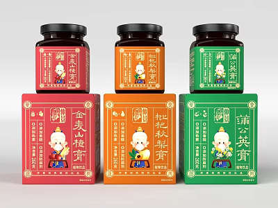 Various Traditional Chinese Herbal Pastes With Red Orange Green Colorful Packaging 3d model