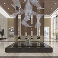 Modern Hotel Lobby With Artistic Chandelier Green Marble Wall And Decorative Sculpture