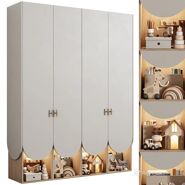 Modern Light Gray Wardrobe With Scalloped Doors And Interior Storage Shelves With Toys Decorative Items 3d model 